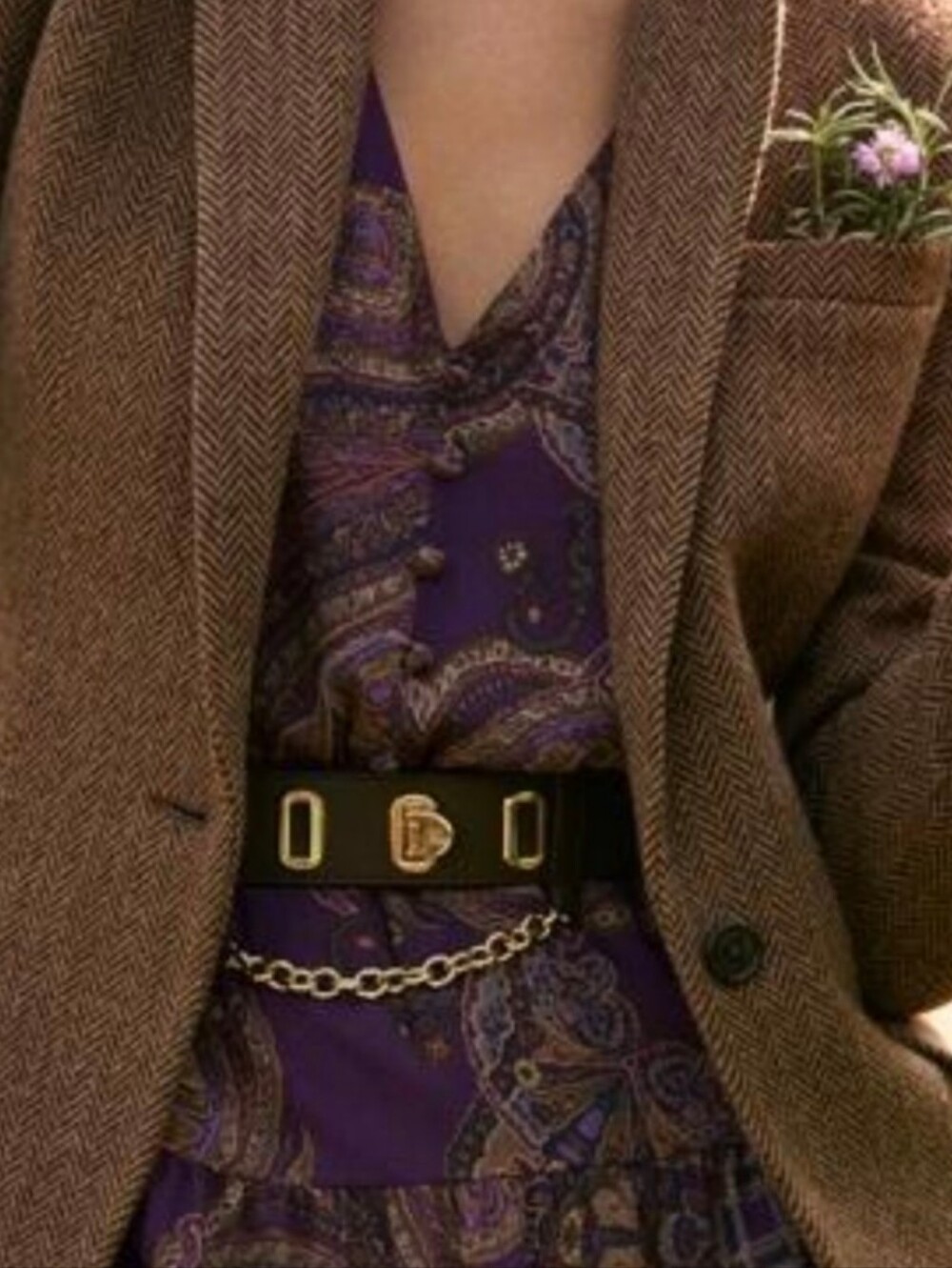 Ralph Lauren Dark Brown Flip Lock Leather Belt with Gold Chain Accents
